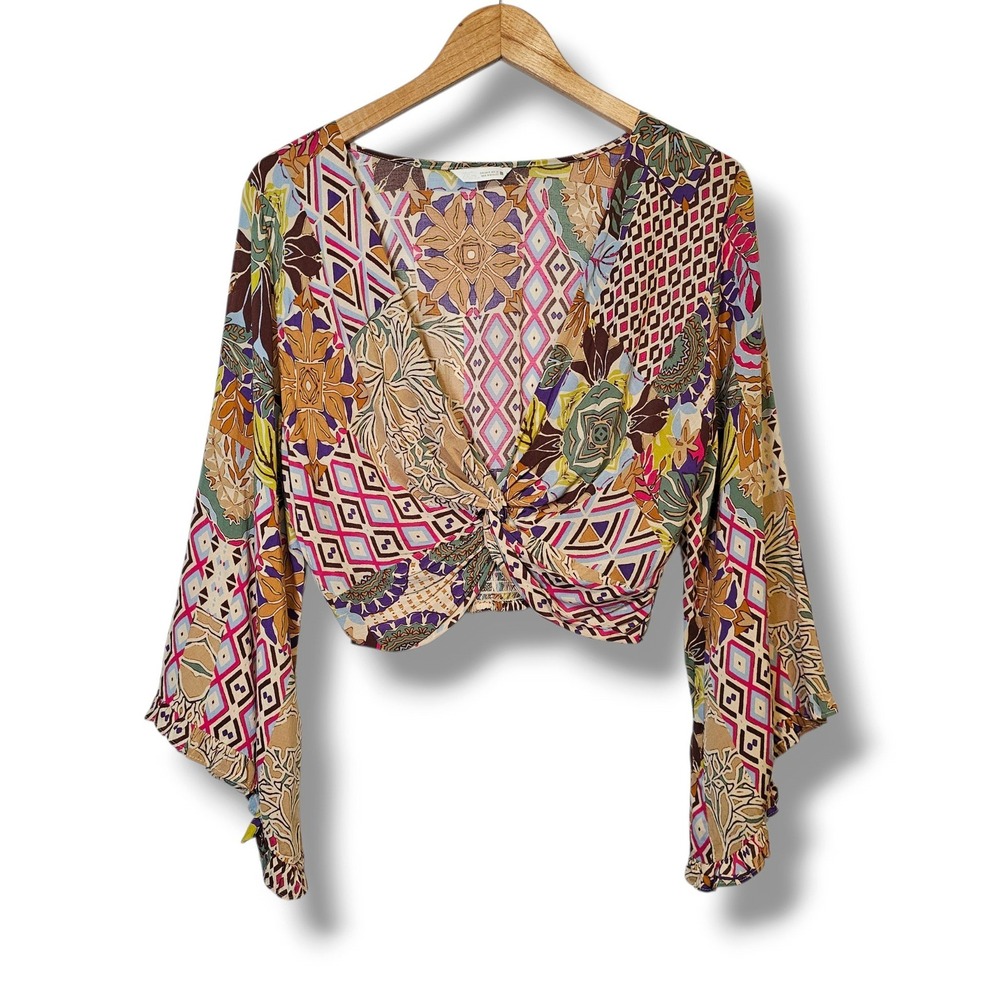 Zara Patchwork Bell Sleeve Top XL Womens Twist Front Boho Ruffle Fall Colorful